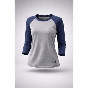 Under Armour HeatGear Womens XL Gray Navy Blue Raglan Long Sleeve Baseball Tee